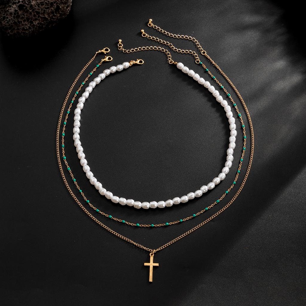 Salircon 3 Pcs/Set Punk Imitation Pearl Jesus Cross Pendant Necklace Men Hiphop Creative Fashion Street Jewelry Accessories 2026