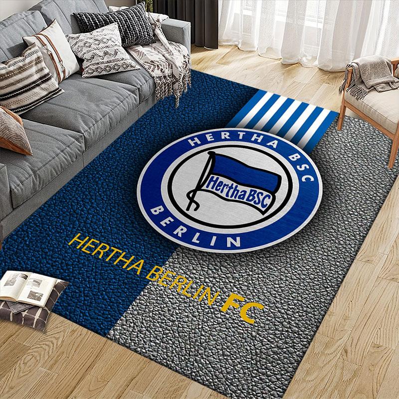 Hertha Logo Flannel Printed Carpet, Home Sofa Decoration for Living Room & Bedroom, Non‑Slip Play Flannel Floor Mat for Game Room