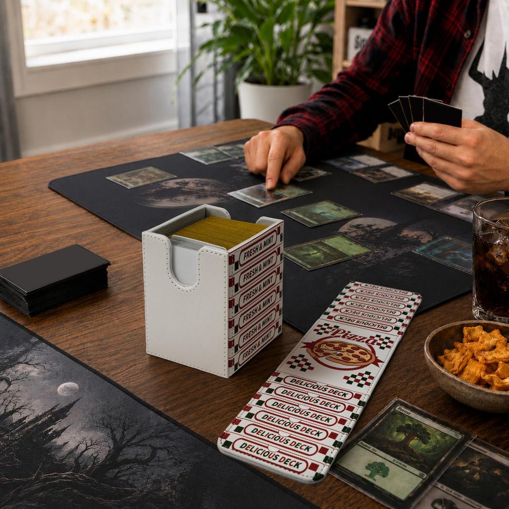 Venssu Deck Pizza Box Trading Card PU Leather Storage Vertical Holds 100 Sleeve Compatible Case, Design, Case, Box, Insertion, Cards, Double/Triple