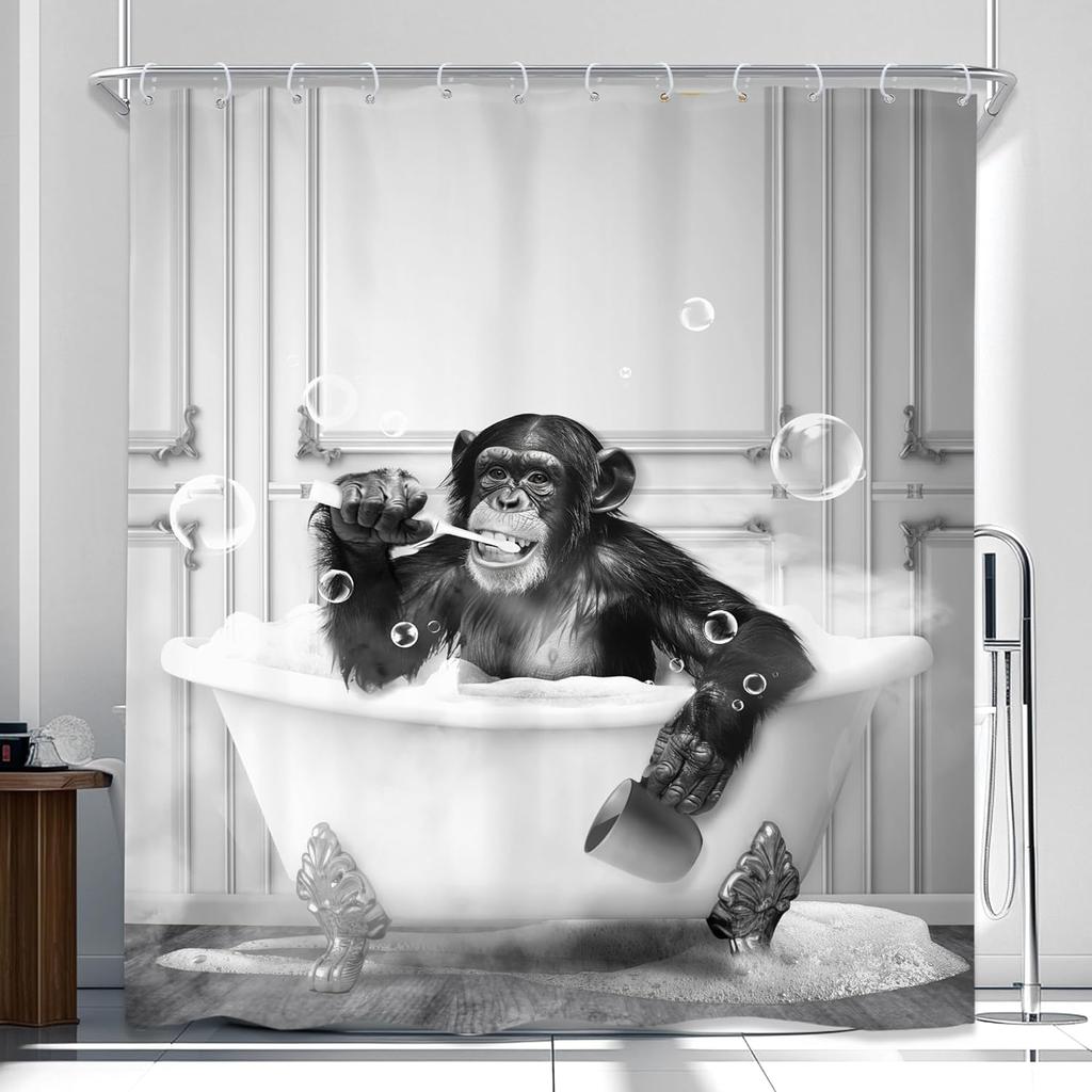 Funny Monkey Shower Curtain Meditation Zen Spirit Animal Chimpanzee Lotus Leaves Plant Bamboo Nature Bathroom Modern Waterproof