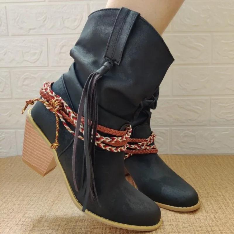 Mode Retro Cowgirl Quasten Flacher Absatz Damen Westernstiefel Vintage Patchwork Bequeme Walking Stiefeletten Stilvoll Lässig Nagelneu Gewaschene Schuhe