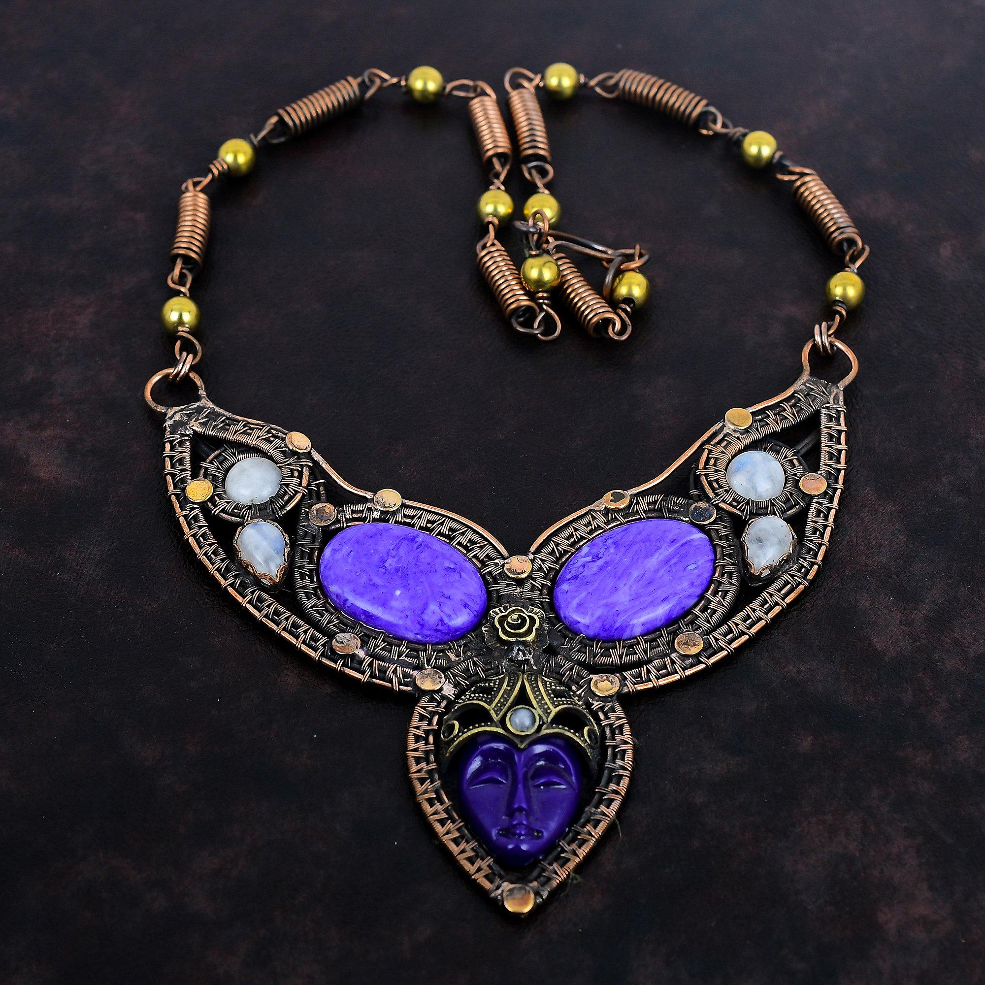 

Purple Carved Bone Face Necklace Charoite Necklace Copper Wire Wrapped Necklace Adjustable Chain Necklace Rainbow Moonstone Gemstone Jewelry Adjustable