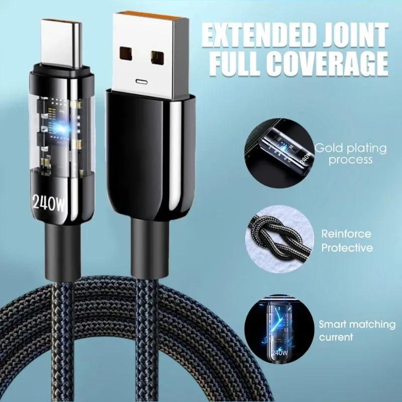 240W Super Fast Charging Cable USB C Interface Nylon Braided Transparent Type C High-speed Charger Wire Fast Charging Data Cord