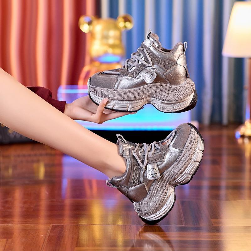 Small Thick-soled Inner Height Increase Fashionable Rhinestone Dad Shoes Women's Autumn New Casual Shoes Versatile Tide