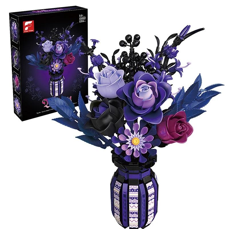 1218PCS Dark Romance Gothic Bouquet Building Blocks Flower With Vase Model Educational DIY Home Decoration Gift For Kids Adults