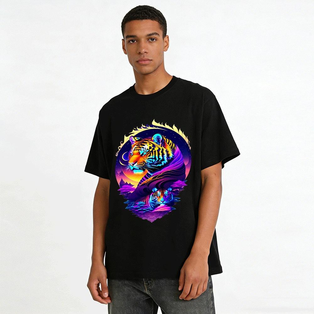 Vibrant Night Moon Double Tiger Print Trendy Casual Top Pure cotton T-shirt