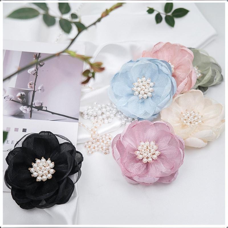5Pcs 3D Beaded Center Chiffon Artificial Flowers for DIY Sewing Garment Patch Photo Prop Party Decoration