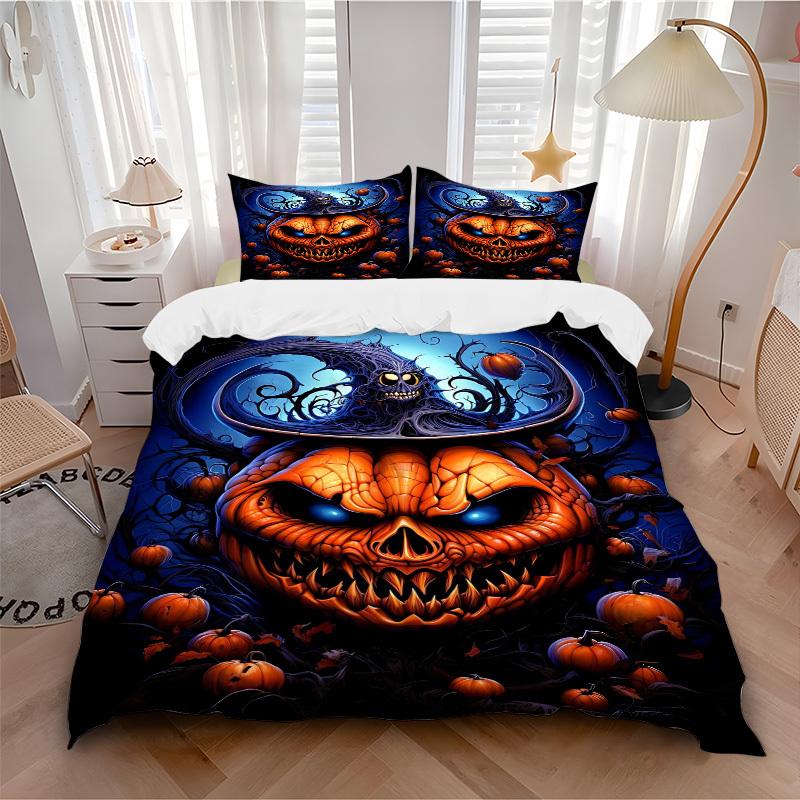 

3pc Halloween Pumpkin Head Cover Set - 1 Quilt Cover + 2 Pillowcases, All Seasons Bedroom Setting, Perfect for Home027 135x200cm