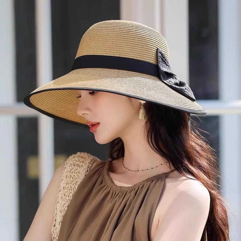 Straw hat women's new sun hat beach hat bow summer eaves UV protection sun hat