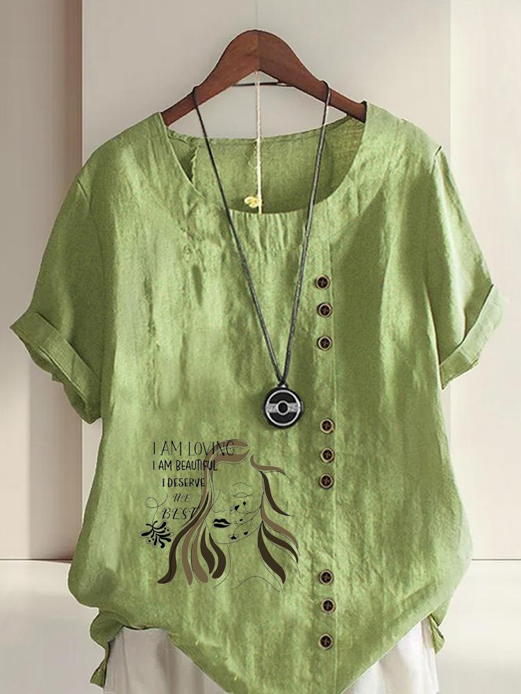 

Women s Fashion Ladies Alphabet Print Round Neck Short Sleeve T-shirt Casual Cotton Linen Graphic Shirt Leisure Loose Summer Blouse Tops 5XL зелений