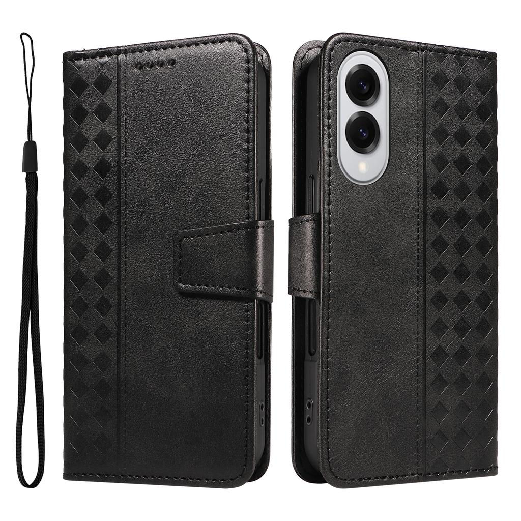 For Samsung Galaxy S25 Edge Leather Case Wallet Stand Grids Imprinted Phone Cover with Strap