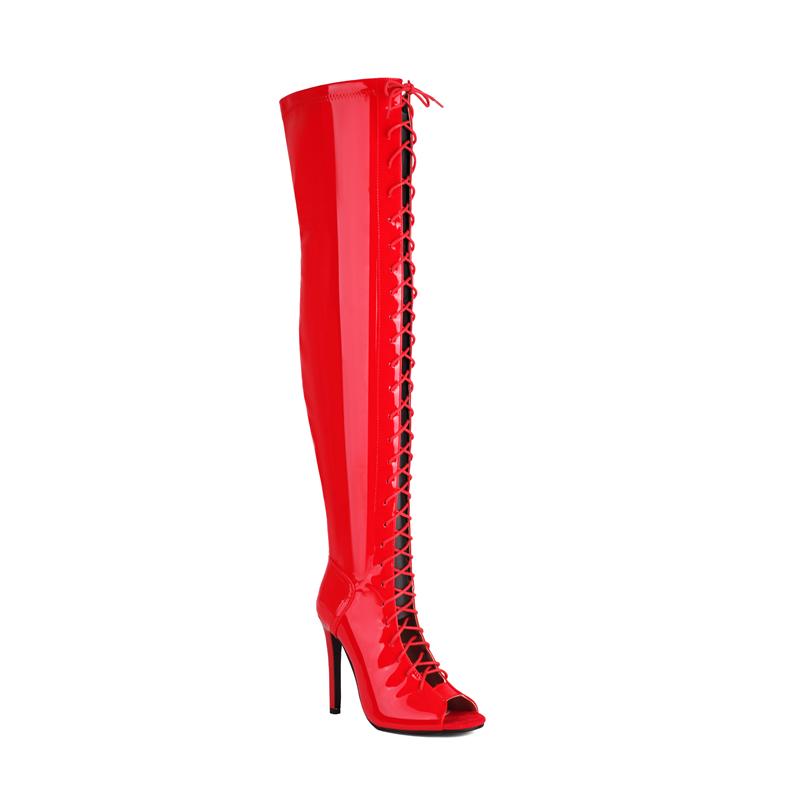 Fashion Women's Over the Knee Thigh High Boot Sexy Peep Toe Lace-up Patent White Night-club Dance Fetish Party Shoes Lady Big Size 44