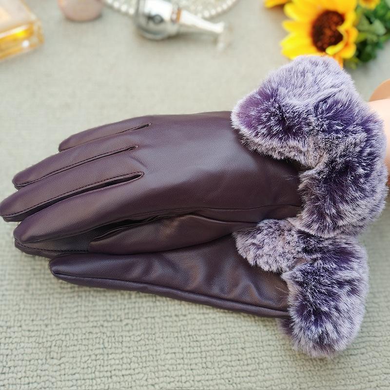 Women Winter Gloves Faux Rabbit Fur PU Leather Touch Screen Mittens Lady Female Outdoor Driving Warm Gloves