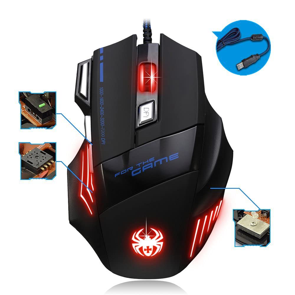 FineGood Gaming Mouse, ZELOTES 7-Button 5500 DPI Adjustable USB Wired Gaming Mouse with LED Light, Compatible with Windows, iOS, and Mac Systems