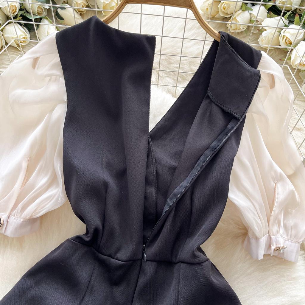 Summer Women's V-neck Puff Sleeve Short Jumpsuit High Street Y2K Office Work Rompers Playsuits