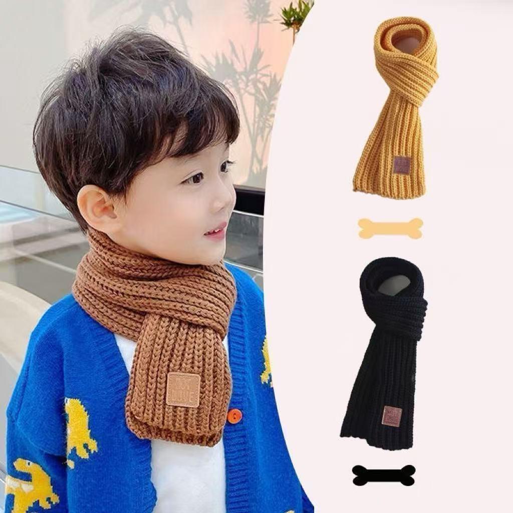 Kids' Cute Korean Style Knit Wool Scarf with Leather Label - Versatile for Winter and Autumn