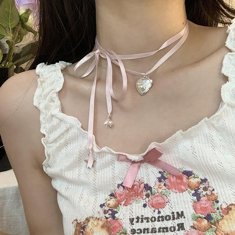 Y2K Pink Rope Tied Peach Heart Pendant Necklace For Women  Retro Sweet Harajuku Necklace Charm Jewelry Gift