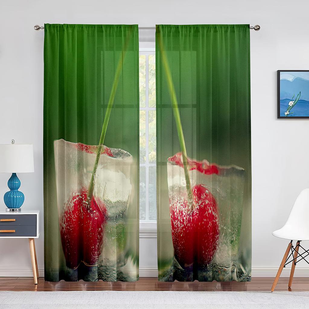 2panels cortinas Fruit Cherry Pattern Design Pink Sheer Curtain for Living Room Home Kitchen Bedroom Window Decor Curtains