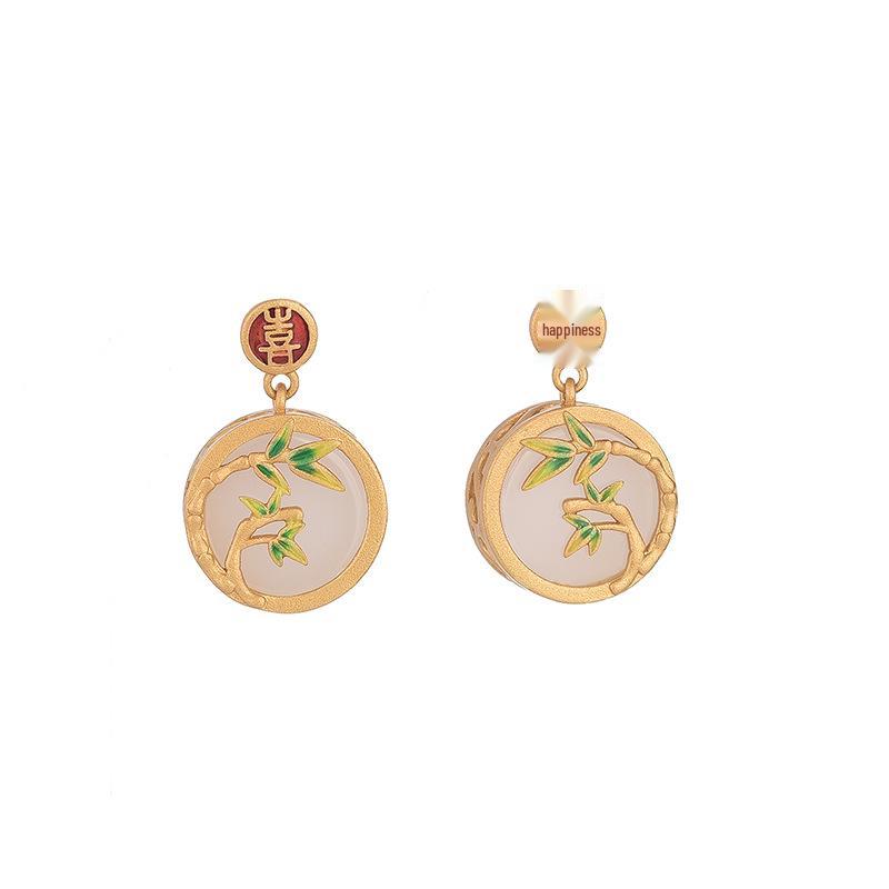Chinese Style Hanfu-Style Enamel & Jade Imitation Stud Earrings with 925 Silver Needle
