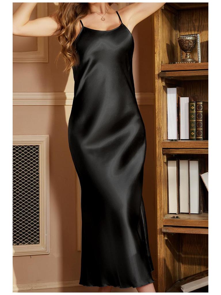 Yaoting Ice Silk Women's Summer Lace Trim Long Camisole Nightgown