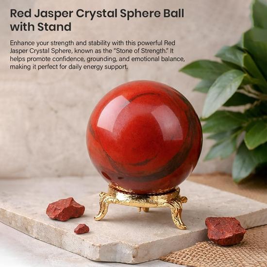 Crocon 55mm Kırmızı Jasper Taşı küre Metal Standlı 1400+ Karat Değerli Taş Şifa Küresi Heykelcik Fengshui Kehaneti için