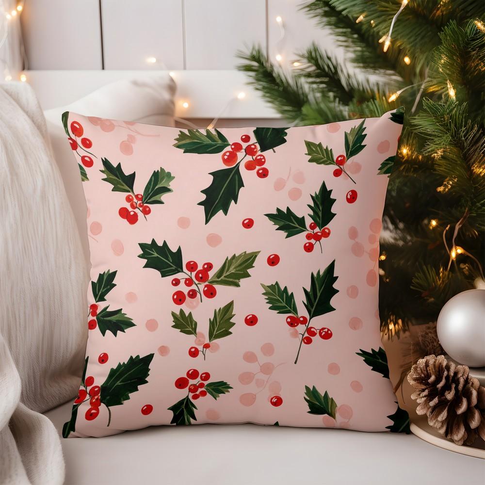 Home Decor Christmas Holly Pattern Pillow for Decor Pattern Cushion Cover Suitable for Sofa Bedroom Car Pillow Cover