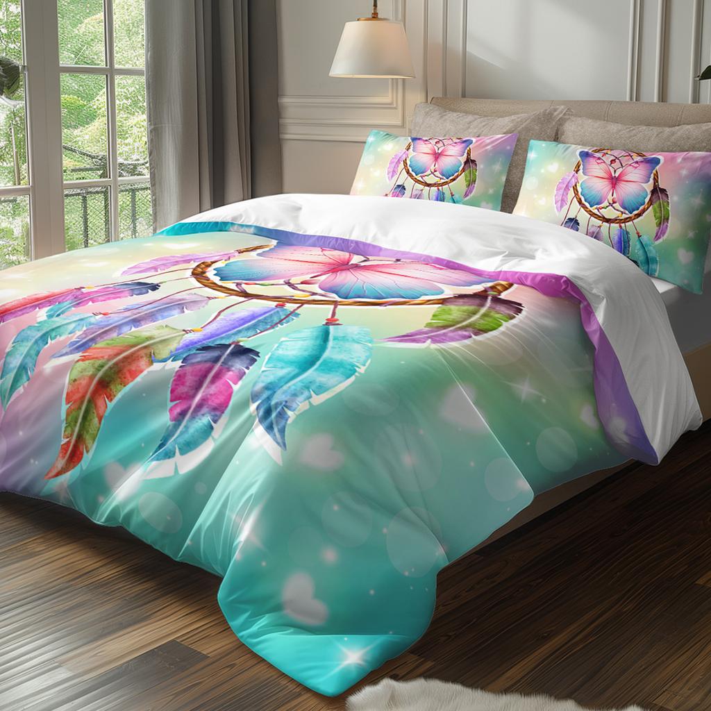 3pcs Watercolor Butterfly Dreamcatcher Bedding Duvet Cover Set Bohemian Dreamcatcher Bedding Quilt Set Girlish Themed