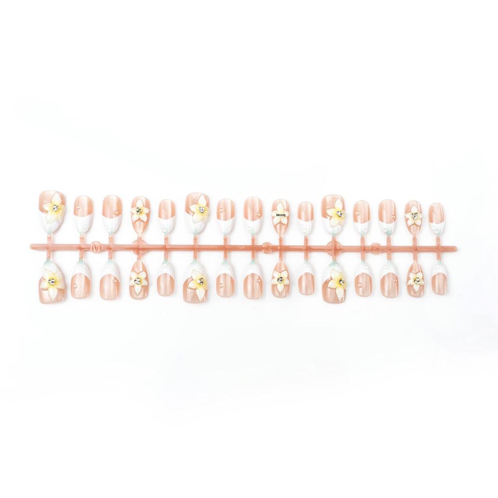 30-Piece French Almond Cat-Eye Press-On Nails with 3D Floral & Rhinestone Art