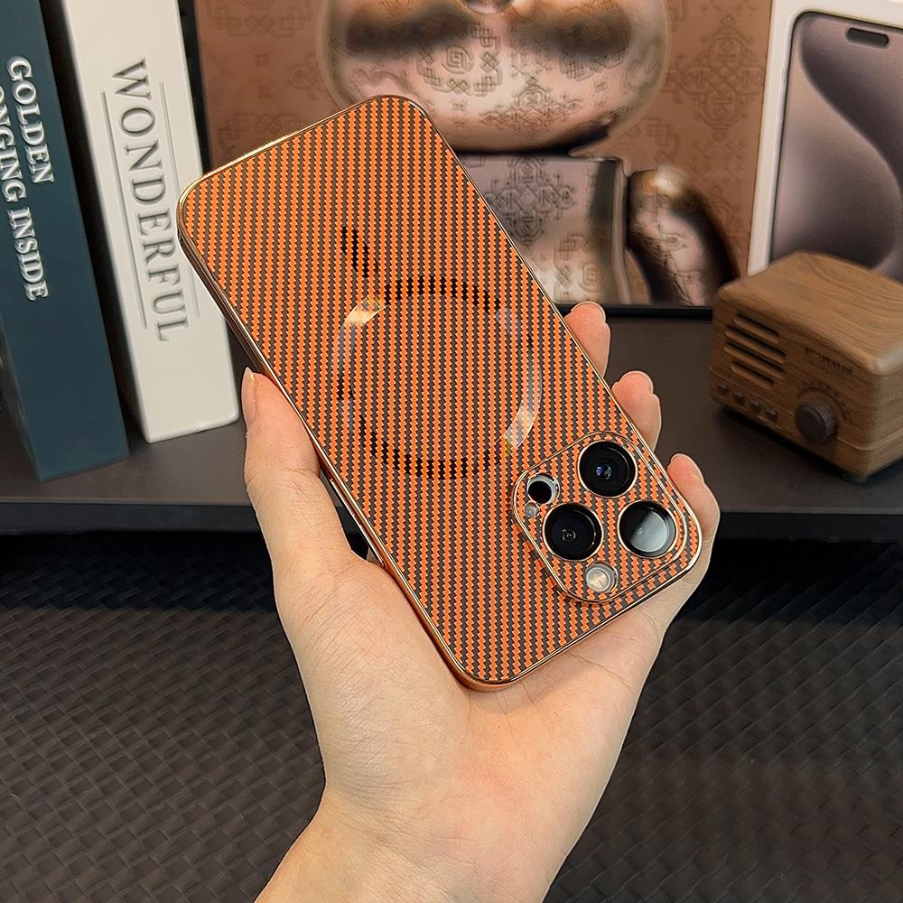 Luxury Carbon Fiber Texture Plating Case for iPhone 15 14 13 12 Pro Max For Magsafe Wireless Charging Magnetic Shockproof Cover