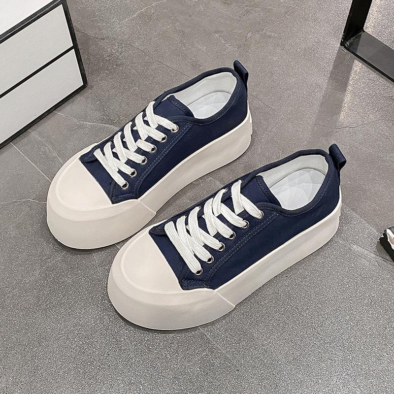 European station thin canvas shoes women's 2025 autumn new one-pedal round head lace-up non-slip thick-soled casual board shoes