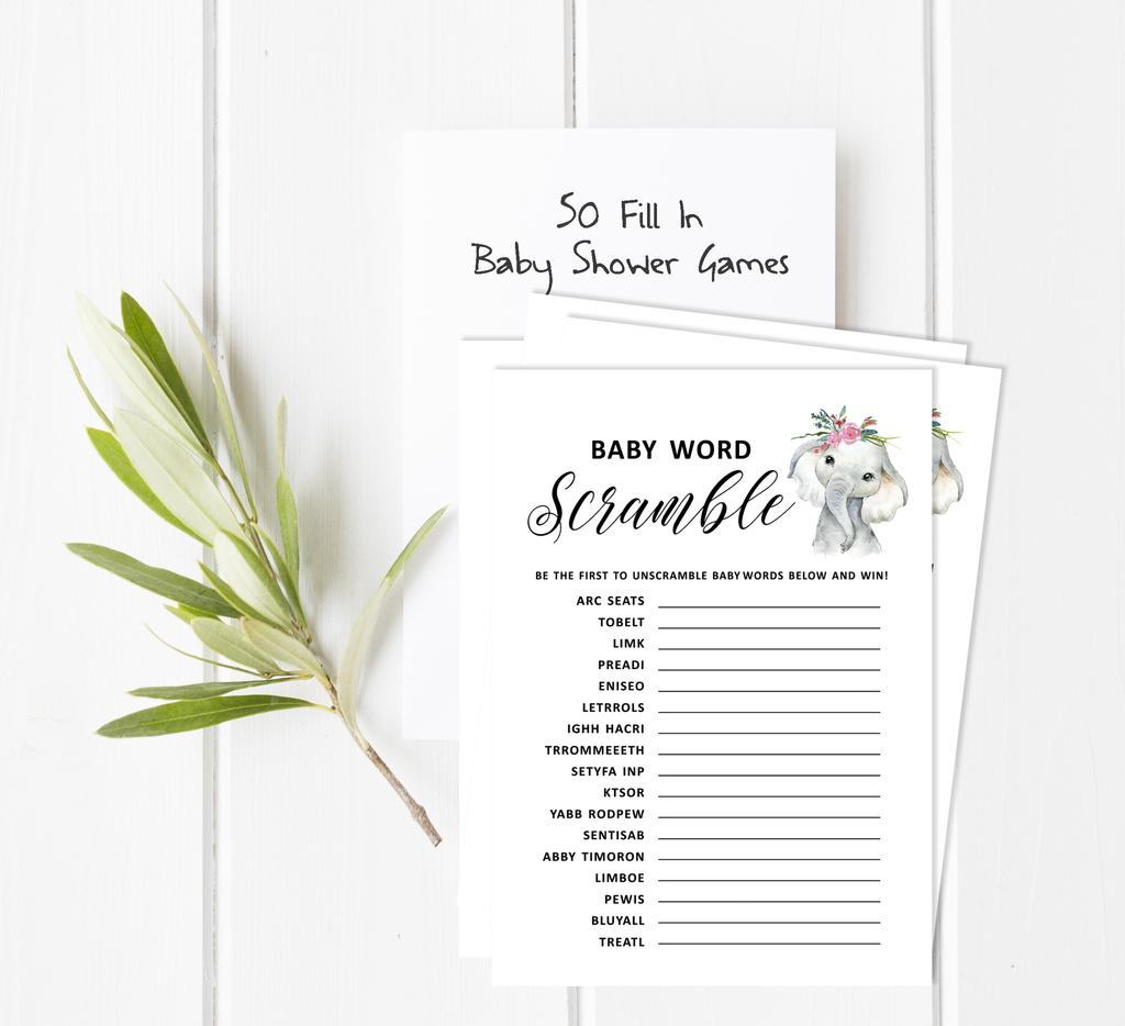 Inkdotpot Baby Shower Game Set Of 50 BabyA  AlphabetA  ABCA  Game Baby Elephant Girl Jungle Animals Party