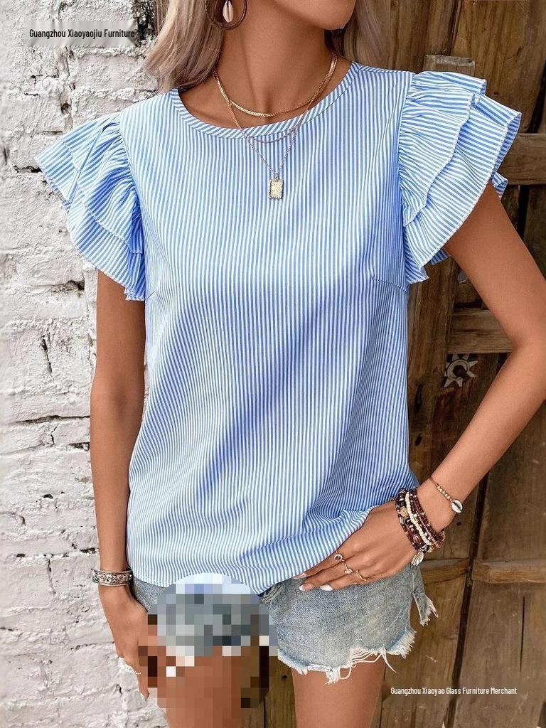 2026 European & American Summer Women's Striped Ruffle Sleeve Top