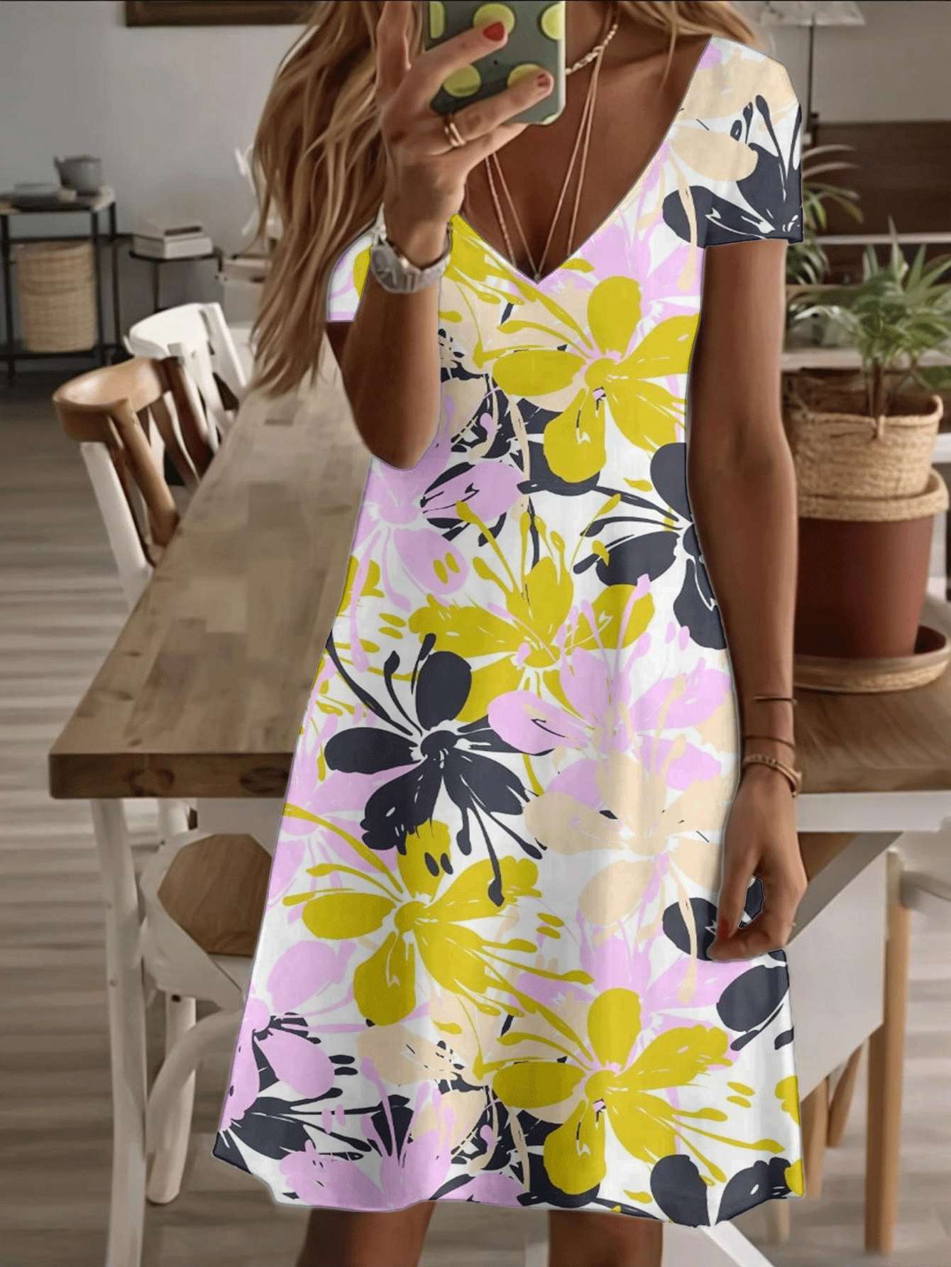 Vneck shortsleeve midi dress floral women’s dress yellow pink black flower print pattern 3D premium printing longlasting casual fashion summer outfit XS дубильная кора