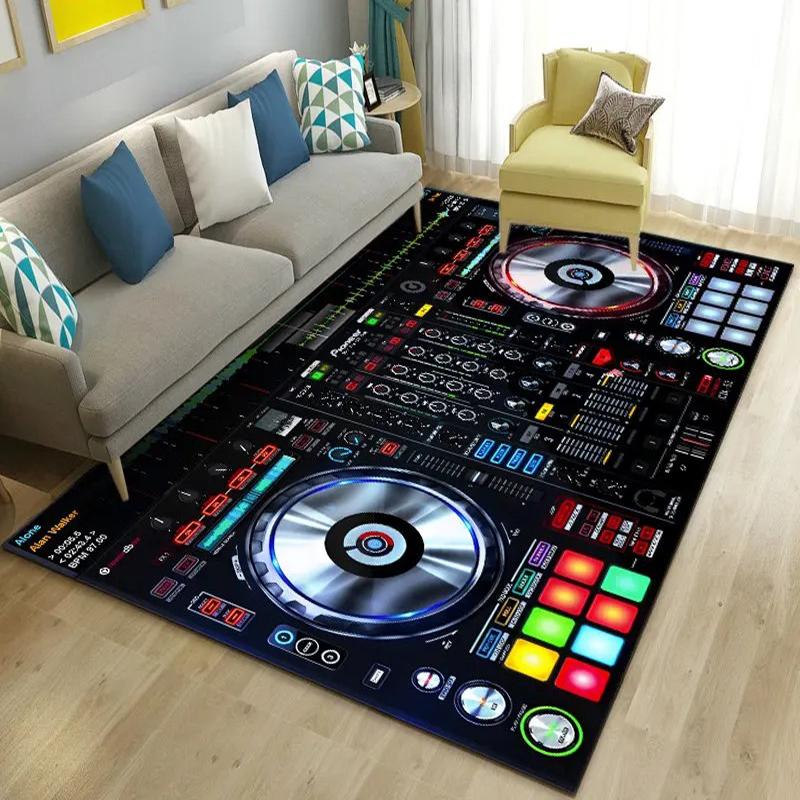 DJ Turntable Themed Large Area Rug, Colorful Mixer Console Motifs, Trendy Living Room Carpet, Varied Design Floor Cover