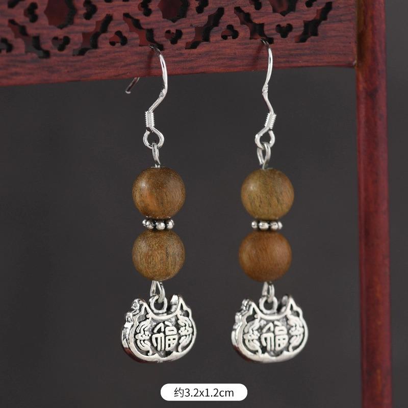 Original Zen Sandalwood Earrings, Retro Literary and Medium Earrings, High-end S925 Silver Hook Earrings for Women