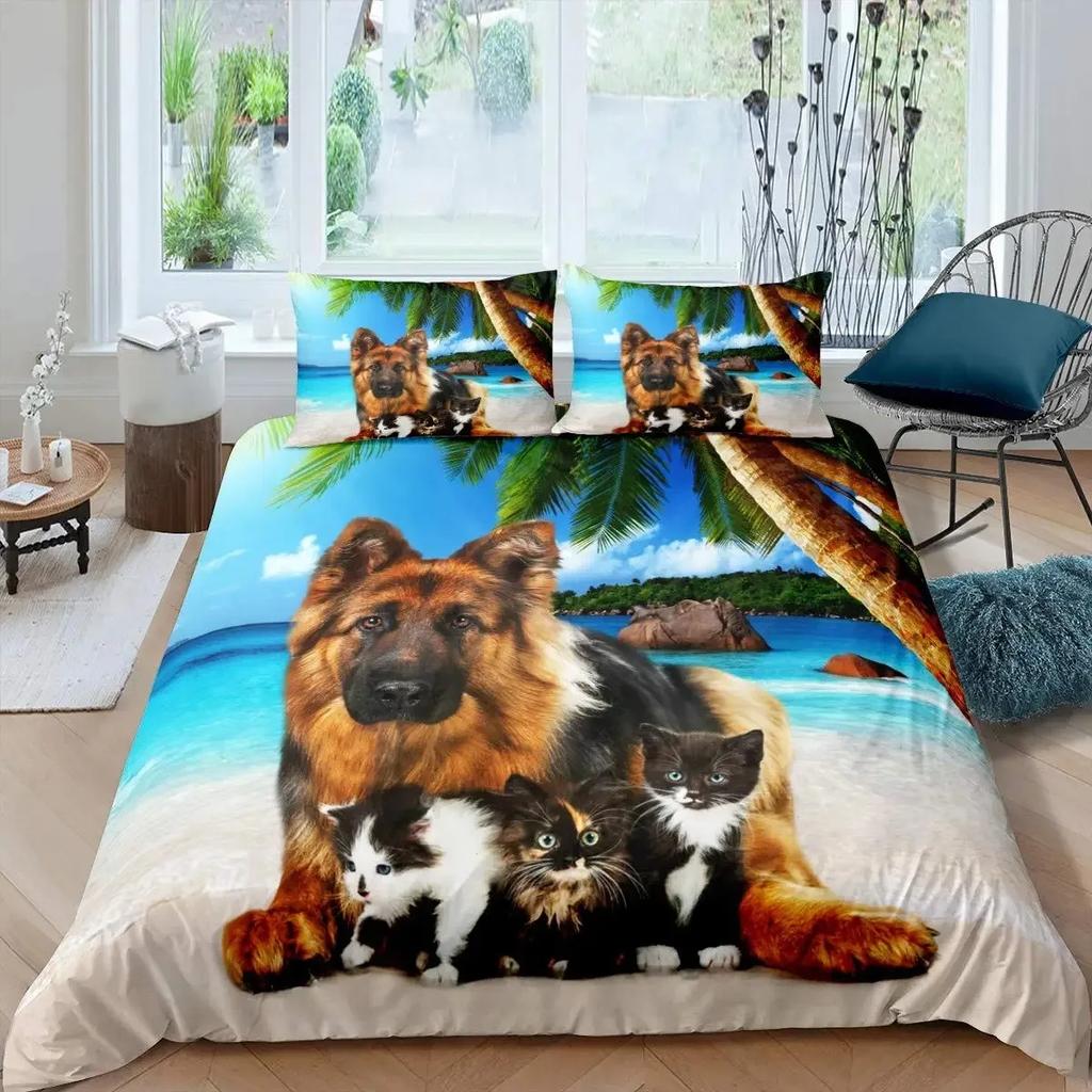 Cat and Dog Duvet Cover Set Pug Bedding Set Kawaii Puppy Animal Comforter Cover Valentine's Day Love Heart Wedding Quilt Cover