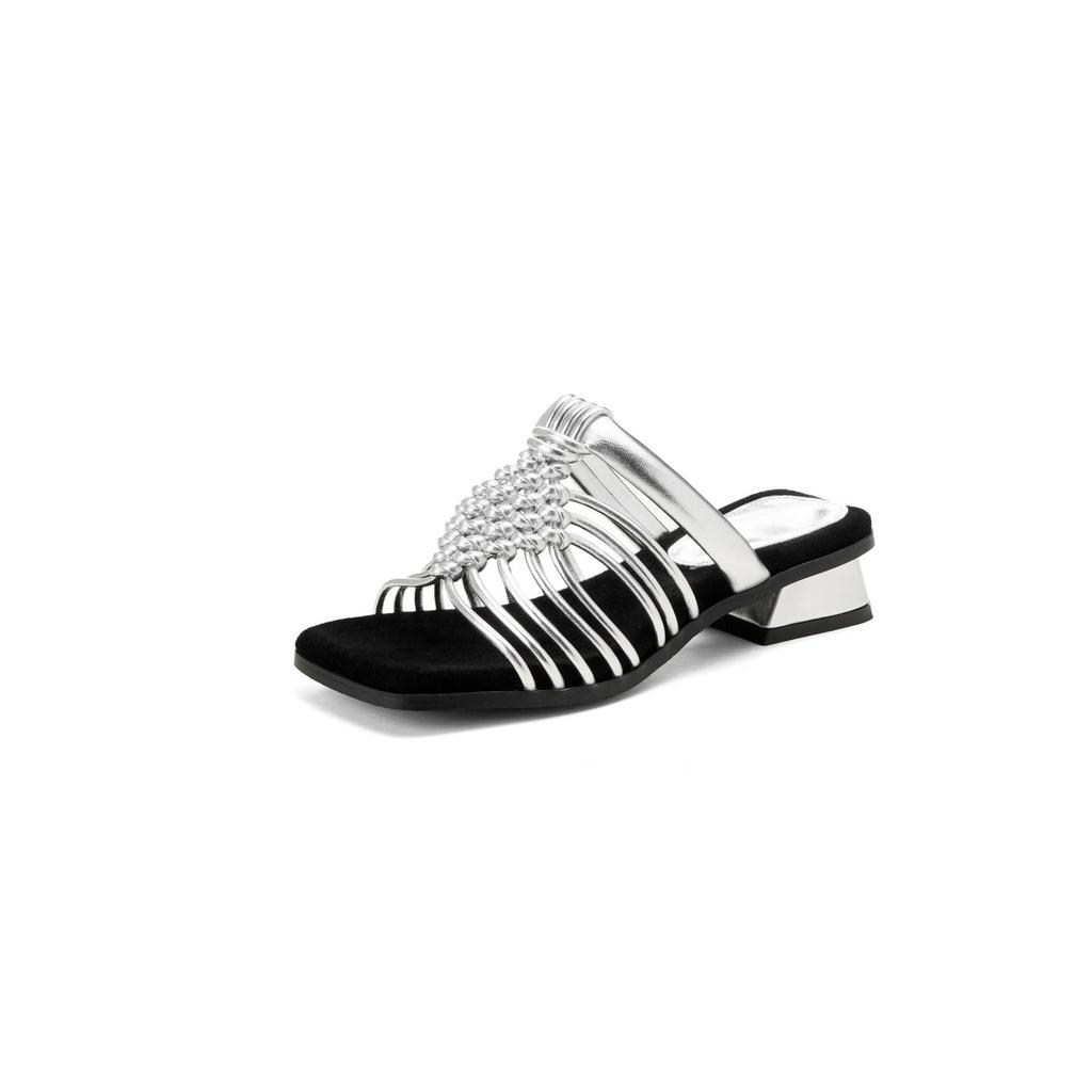 ~ Stepping on shit feels like wearing holiday style with skirt cool slippers women's square head woven hollow low heel comfortable Roman shoes