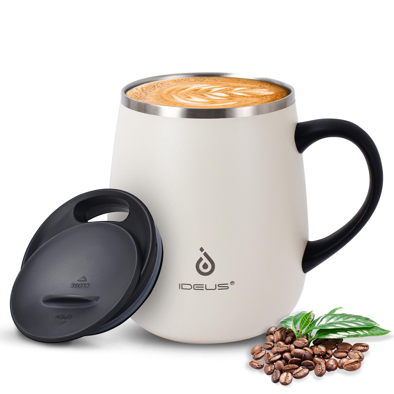 

Ideus 470ml Double-Layer Stainless Steel Vacuum Insulated Coffee Cup Travel Milk Cup with Handle Leak-Proof 400-600ml білий