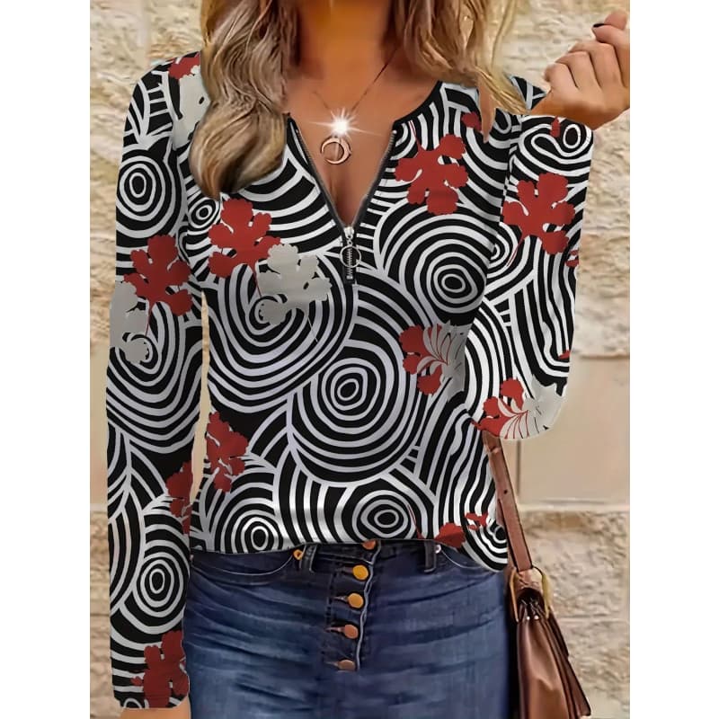 Women's Creative Printed Zipper Long-sleeved T-shirt, Breathable, Soft and Comfortable, Suitable for All-year-round Casual Wear