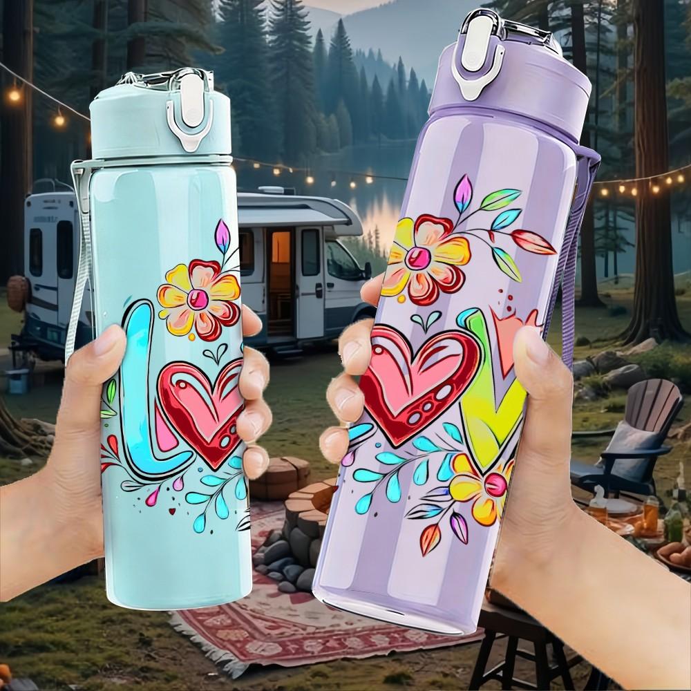 1PC Love Word Doodle Mixed Floral Decor Print 750ml Color Plastic Sports Water Bottle Leakproof Flip Straw Lid Suitable for Sports Office Home Use