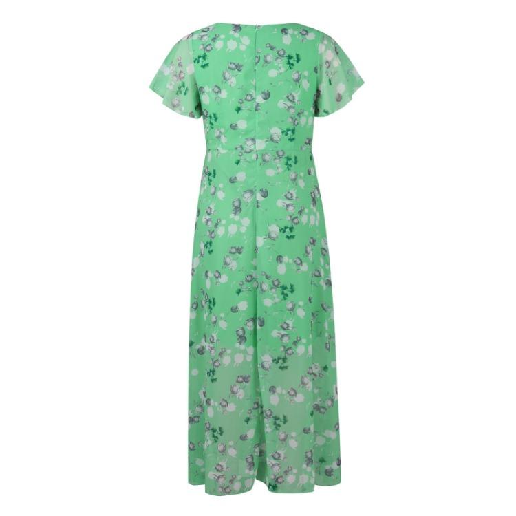 Dame Blomstret Chiffon Swingkjole Lang Kappe V-hals Kort Erme Midje Flytende Sommerkjole Mote