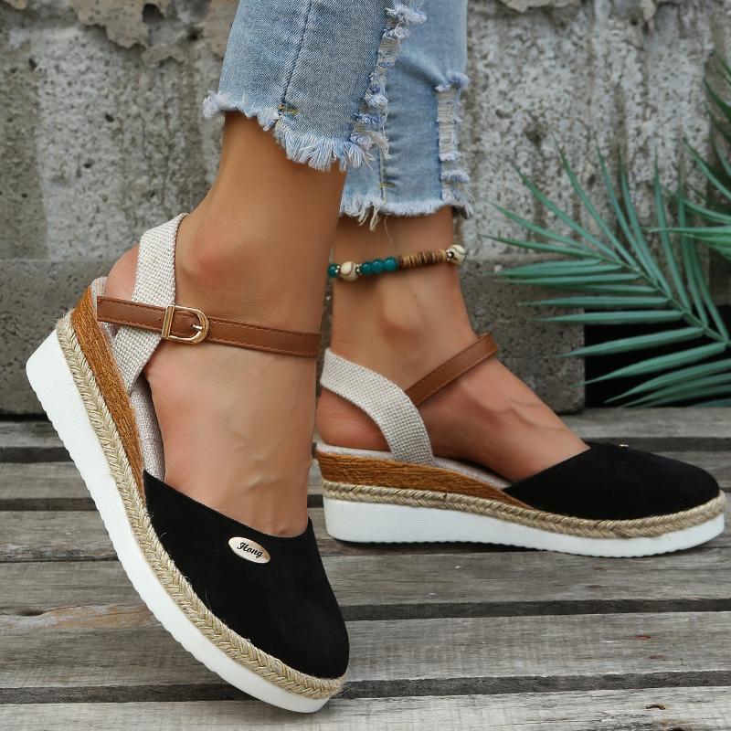 Sommer Damen Leinen Uni 6cm Keilsandalen Bohemian Handarbeit Damen Lässig Bequem Espadrilles Plateau Pumps Schuhe
