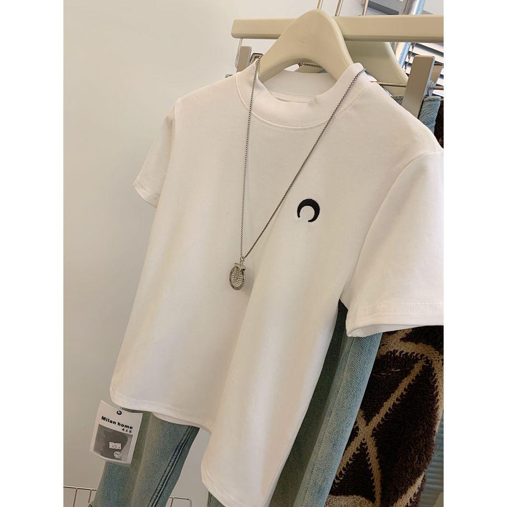 Korean Style Women's Embroidered Cotton Short Sleeve Stand Collar T-shirt