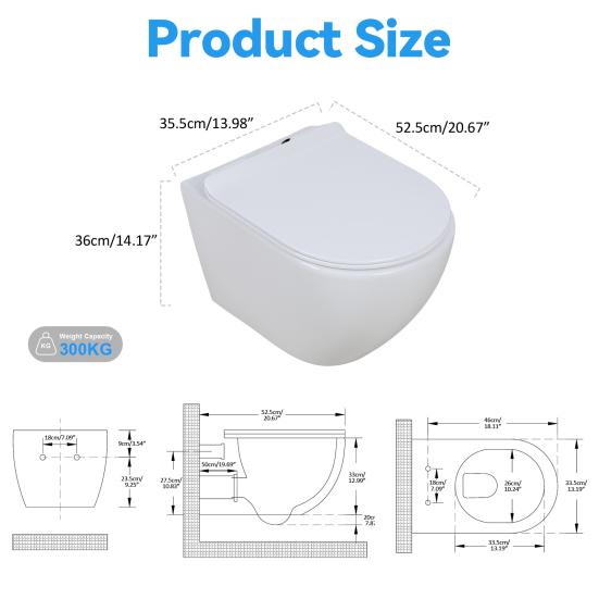 Rimless Wall Hung Toilet, Wall Mounted Toilet Bowl with Soft Closing Seat, Space Saving Round Floating Toilet with 360-degree Single Hole Super Swirl