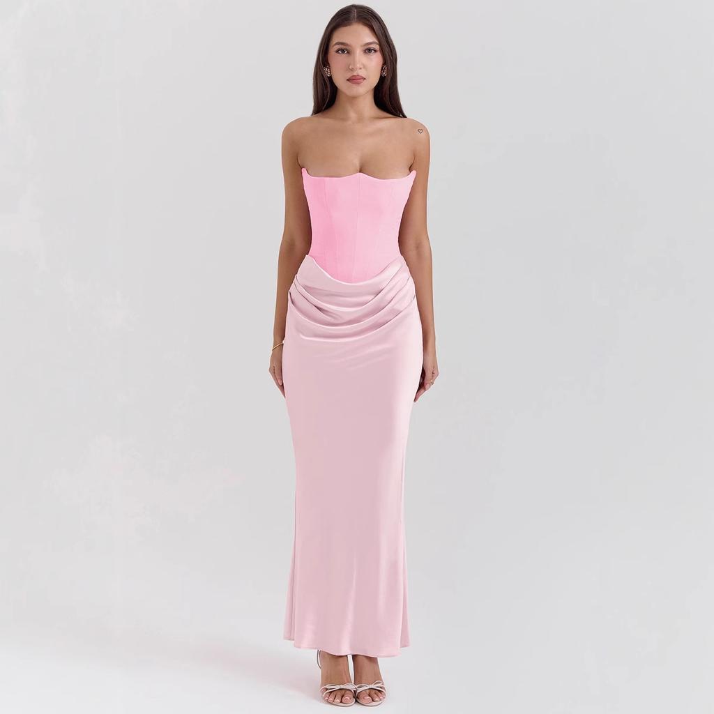 New red tube top fishbone sexy slim fishtail fishtail dress long solid color dress women