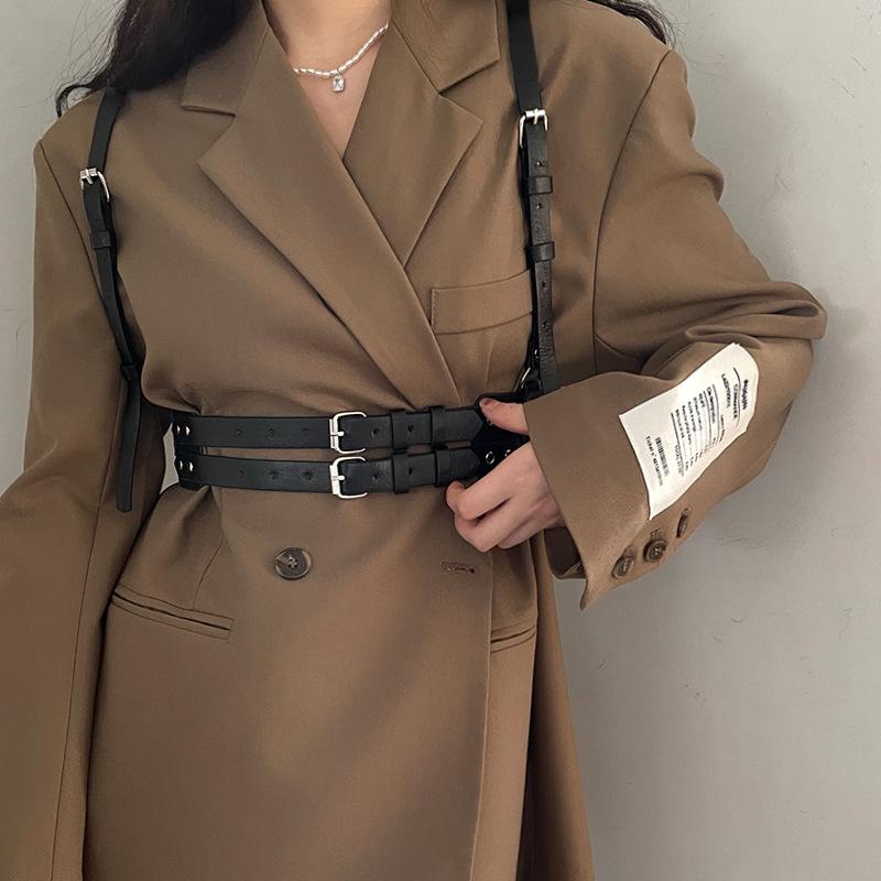 Women's Punk Double Strap Leather Vest Belt for Suits, Coats, and Dresses