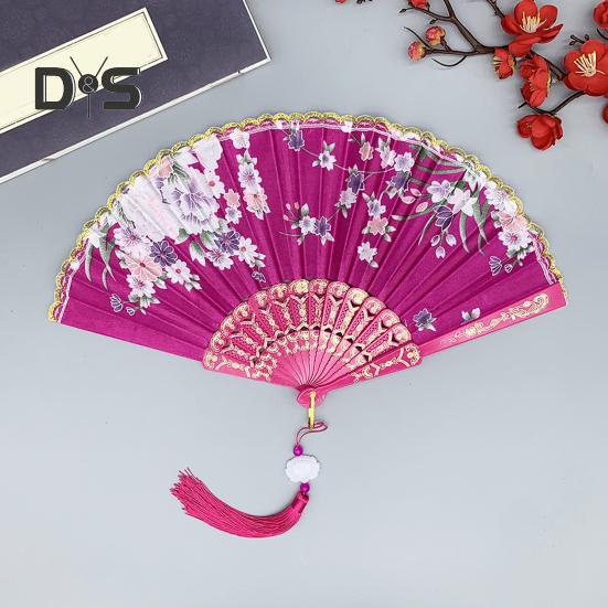 Chinese Style Flower Folding Fan with Tassels Portable Summer Hand Held Cooling Fan Decoration Dance Performance Props Party Costume Accessories