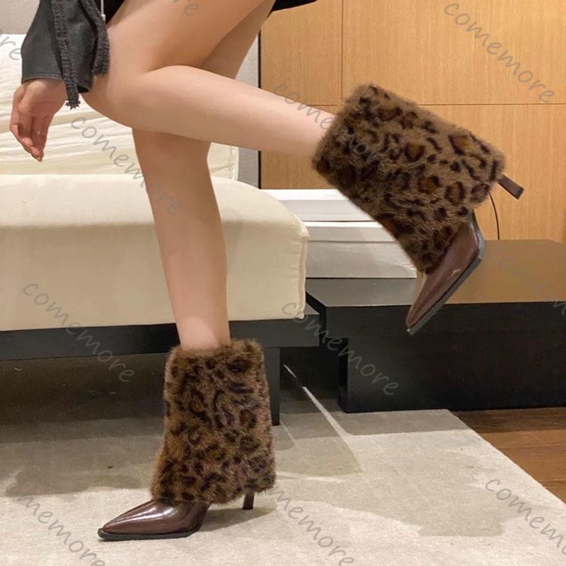 Fashion Comemore Autumn Winter Pointed Sexy Leopard Print Fur Boots for Women Padded Warm Temperament High-heeled Short Bota Feminina