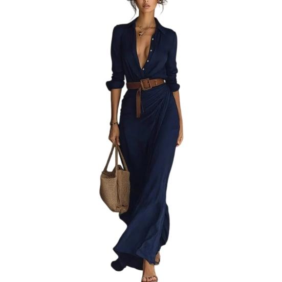 

Summer Shirt Dress for Women Long Sleeve V Neck Button Down Belted Long Dress Boho Ruched Beach Vacation Outfits XL темно-синий
