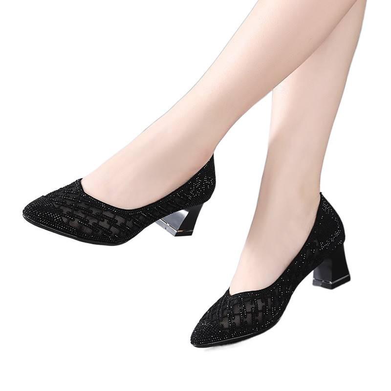 2025 Summer Rhinestone Mesh Pointed-Toe Mid-Heel Sandals with Skirt, Women's Fashion Shoes